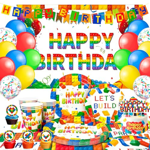 Building Blocks Birthday Decorations, Building Block Party Decorations&Tableware Set- Napkins Plates Backdrop Balloons etc Building Block Birthday Party Supplies