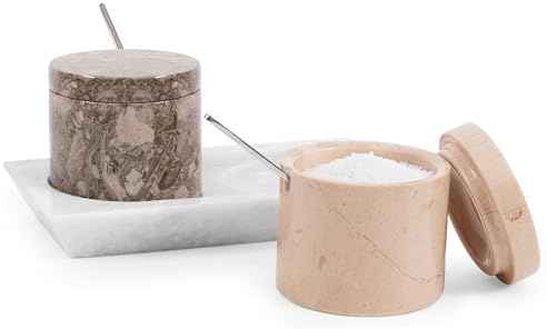 Radicaln Saliera in marmo con coperchio e vassoio, 7,6 cm, Oceanic & Verona, fatta a mano, set da 2 barattoli per condimenti da cucina, ideali come zuccheriera e saliera da tavola