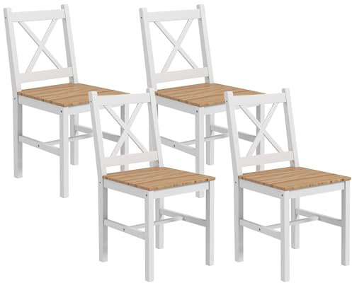 HOMCOM Lot de 4 chaises de Salle à Manger, chaises de Cuisine, Style Maison de Campagne, Dossier Haut, Cadre en Bois de pin, pour Salon, Chambre, Cuisine, Bois Naturel et Blanc