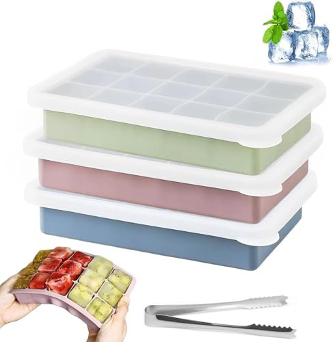 Ice Cube Tray with Lid and Tong, 3 Packs 45 Cubes, Silicone Ice Cube Moulds Trays Large Reusable for Cocktail, Drinks & Baby Food, Freezer, Souper (Pink+Blue+Green) Easy Release Non-Stick Stackable