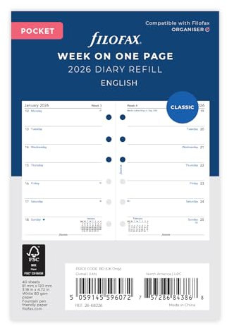 Filofax Taschenkalender 26-68226, Woche pro Seite, Englisch, 2026
