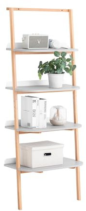 SoBuy Leiterregal mit 5 Ebenen Bücherregal Multifunktionales Regal Standregal Badregal Wandregal Grau und Natur BHT ca. 65x169x39cm HSTR02-HG