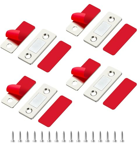 Magnet Schranktür, 4 Stück Ultra Dünne Türmagnet Edelstahl Magneten, Silber | Edelstahl Magnet, Selbstklebende Montage, Für Küchenschränke, Schubladen, Kleiderschränke, Türen, Sauberer Halt