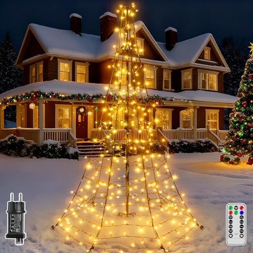 Hopexy Weihnachtsbeleuchtung Außen, 202 LEDs Lichterkette Weihnachtsbaum mit Fernbedienung, 8 Modi dimmbar, Timer, Außenbeleuchtung Weihnachten Warmweiß für Garten, Rasen und Außenbereich