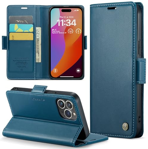 Rerzoiro Handyhülle für iPhone 15 Pro Hülle, Premium PU Lederhülle Klappbar Flip Case [RFID Blocker] Tasche Magnet Kartenfach Klapphülle Schutzhülle für iPhone 15 Pro, Blau