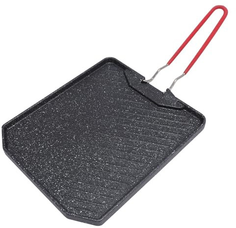 Camping Grill Plate with Handle, Aluminum Alloy Nonstick Cast Iron Flat Pan Carbon Steel Griddle Square Pan for BBQ, Campfire (Black)