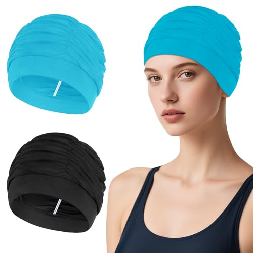 Kiiwah 2 Stück Badekappe Damen, Atmungsaktiv Schwimmkappe Elastische Polyester-Stoff Schwimmhaube für Frauen Dicke Lange Haare Sommer, Strand, Urlaub, Hallenbad(Schwarz Lila