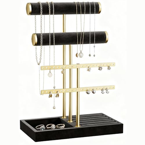 ULIKEUS 3 Tier Bracelet Holder Display Stand DetachableT Bar Velvet Jewelry Holder Organiser with Tray for Bracelets, Bangles, Necklace, Watches, Earrings,Rings,Black