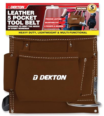 DEKTON Leather Tool Belt Pouch for Professionals, Heavy Duty 5 Pocket Work Apron with Adjustable Fit, Storage Organiser for Carpenters, Electricians, Hammer Holder, Brown