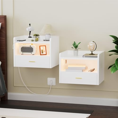 Hängender Nachttisch 2er Set, Holz Nachttisch mit Schublade Ladestation AC-Steckdose/2USB-Anschlüsse schwebende Nachtkommode mit LED Lichtleiste Wandregal für Schlafzimmer Wohnzimmer-40x30x30cm