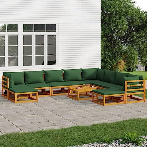 Mandloder 11-TLG. Garten-Lounge-Set, Massivholz Akazie, Grüne Kissen, Modulares Outdoor-Möbelset für Terrasse, Balkon, Komfortable Sitzgruppe