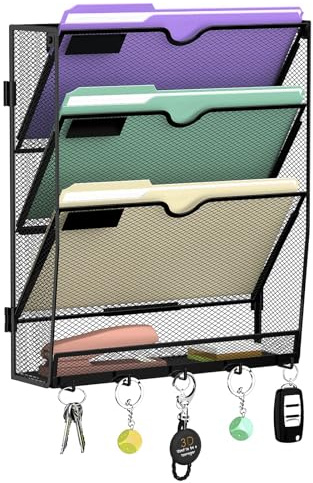 RITOLLO 4 Fächer Metall A4 Zeitschriftenhalter mit 5 Haken, hängender Wandhalter zur Wandmontage, praktischer Wandorganizer für Papier, Ordner, Magazine und Rechnungen, Schwarz