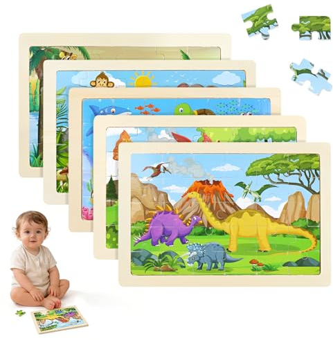 Atomvia Puzzle ab 4 5 6 7 8 Jahre, 5 Set 30 Teile Tier Dino Puzzle Kinder, Steckpuzzle Holzpuzzle Kinder,Vorschule Lehrreiches Spielzeug, Geschenke für Kinder für Jungen und Mädchen