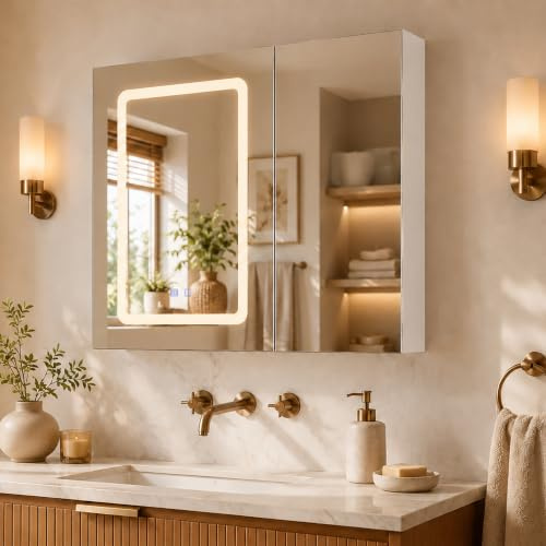BIYFSDS Armadietto da Bagno con Specchio e LED 2 Ante, Armadietto da Toilette con Presa, Specchio da Bagno con Ripiano e Mensola Regolabile (Bianco-4, 70x60x14 cm)