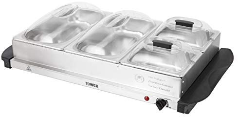 Tower Four Buffet Server and Plate Warmer with 2 x 2.4 and 2 x 1.2 Litre Trays Capacity, 300 W, Stainless Steel