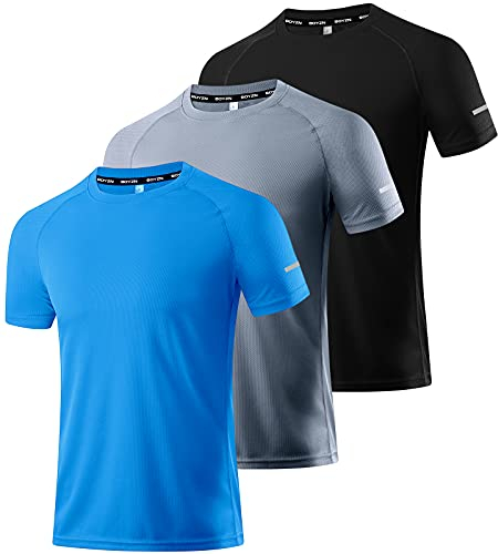 3er Pack Herren Sportshirt Atmungsaktiv Schnelltrocknendes Laufshirt Leichte Trainingsshirt Funktionsshirt Wandershirt Fitnessshirt Sommer Kurzarm T-Shirt für Männer Black/Gray/Blue-3P02-M