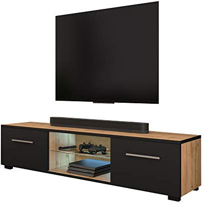 Selsey Edith – TV-Lowboard Korpus in Wotan Eiche Matt Fronten in Schwarz Matt mit LED-Beleuchtung in Blau 140 cm