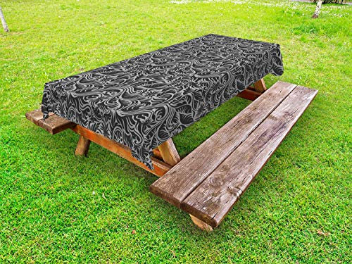 ABAKUHAUS Grau Outdoor-Tischdecke, Farn-Blätter Blumen, dekorative waschbare Picknick-Tischdecke, 145 x 305 cm, Schwarz und Grau