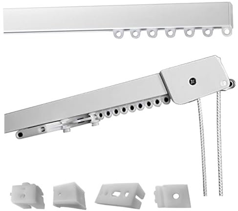 Binario Tenda Soffitto Lineare in Alluminio Bianco Personalizzabile, Completo di Accessori per il Fissaggio, Movimento a Corda, Bastone Tende a Soffitto o Parete (170 CM, MOVIMENTO A CORDA)