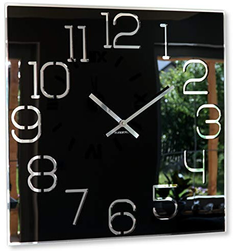 FLEXISTYLE Reloj de Pared Grande Cuadrado Digit 50 cm de diámetro, sin Ruido de tictac Moderno, diseño de Cristal acrílico y Espejo acrílico, salón, Dormitorio (Negro)