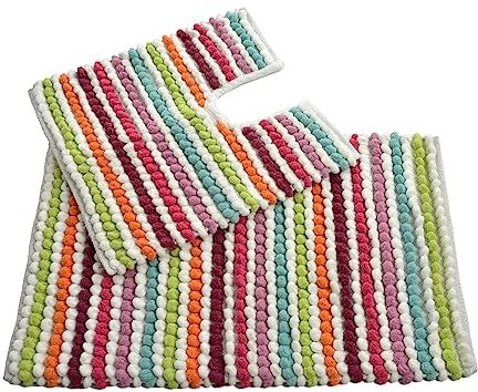 Allure Striped Chunky Bobble 2 Piece Bath Mat & Toilet Mat Set – Thick, Hand-Woven, Super Soft, Multi-Coloured Bathroom Rugs
