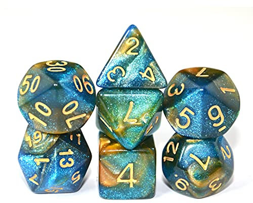 SmartDealsPro - Set di dadi poliedrici glitterati con tasche per DND RPG MTG Dungeon and Dragons Table Roll Games D4 D8 D10 D12 D20 (blu-oro)
