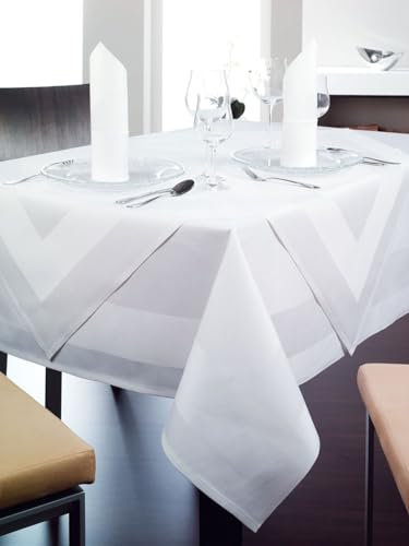texpot Damast Tischdecke 130 x 360 cm weiß Atlaskante bei 95°C waschbar 100% Baumwolle