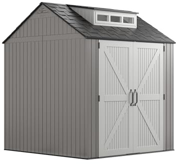 Rubbermaid Resin Outdoor Storage Shed With Floor (7 x 7 Ft) Weather Resistant Gray Organization for Home/Backyard/Garden Tools/Lawn Mower/Bike Storage/Pool Supplies