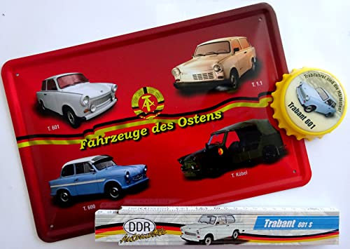 vielesguenstig-2013 Geschenk Set Trabant 3tlg. DDR Trabi 500 601 Kübel Geburtstag Blechschild Zollstock Flaschenöffner