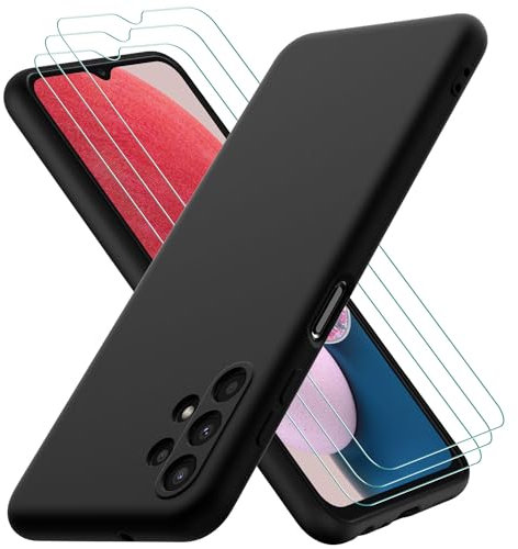 Oureidoo Hülle kompatibel mit Samsung Galaxy A13 4G, mit 3 Stück Panzerglas Schutzfolie, Handyhülle für Samsung Galaxy A13 4G Silikon gummiert, Handy Case in Schwarz
