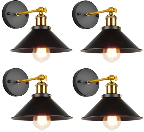 iDEGU Wandleuchte Industrielle Vintage Wandlampe Deckenleuchte Edison-Stil Metall Retro Lampe mit 180° Drehung E27 Fassung, 22 cm Lampenschirm (4x Schwarz)