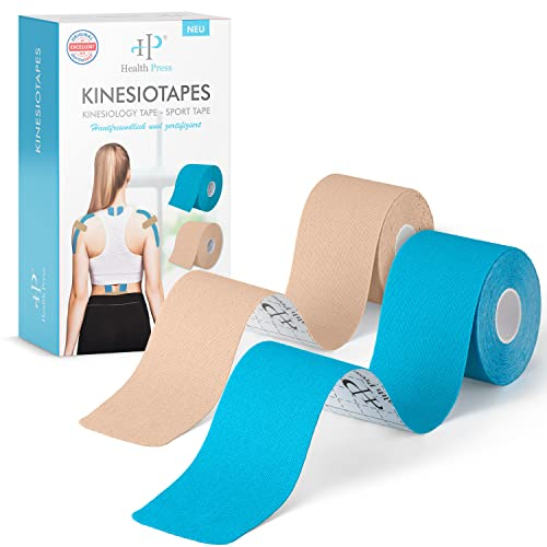 Health Press® Kinesiotapes – 2 Rollen Kinesiologie Tape Sport Blau + Beige (5cm x 5m) – Kinesiotape – Profi Physio Tape und Sporttape – Hautfreundliche Tapes DERMATEST: SEHR GUT