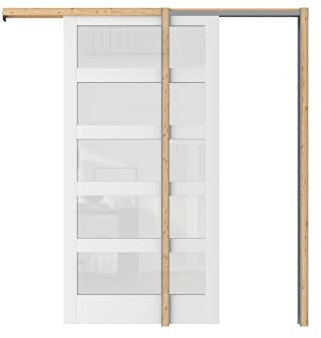 SOLRIG Sliding Pocket Door 30 x 80, 5 Lites Tempered Frosted Glass Panel with Frame and Hardware Kit Set, Interior & Closet Single Door Slab, White Primed - Panel Assembly Needed