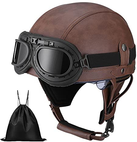 Casque de Moto Vintage Cuir Retro Vintage Scooter Open Face Demi Casque de Cuir avec Lunettes Certifié ECE Bols pour Homme et Femme Adultes Demi-Casques avec Sac de Rangement