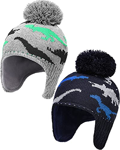 2 Stücke Junge Winter Mütze Baby Strickmütze Kleinkind Winter Mützen mit Ohrenklappe Säugling Dinosaurier Strickmütze Neugeborene Warme Vlies Gefüttert Schnee Ski Kappe