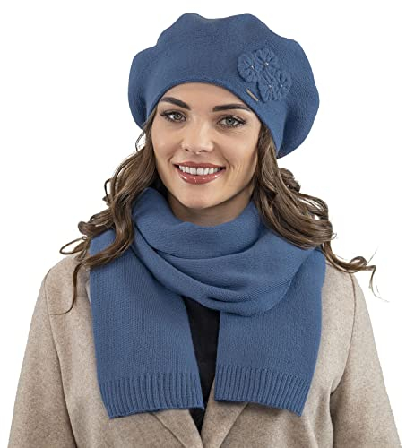 VIVISENCE Damen Baskenmütze Eleganter Wintermütze Und Schal Set Warm Kopfbedeckung Und Halsbedeckung An Winter Und Herbst Warm Dick, Winterset Für Frauen, Hergestellt In EU, Blau