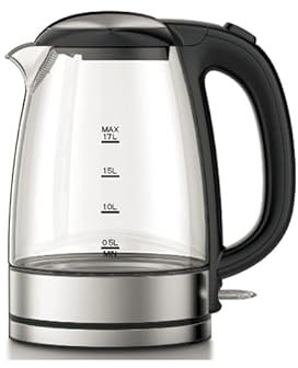 Necchi - NK5801 Bollitore acqua premium in vetro da 1.7 litri, base in metallo, anello luminoso a LED, Potenza 2200W