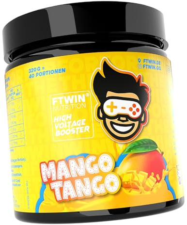 FTWIN HIGH VOLTAGE BOOSTER | Für GAMER und E-SPORTLER | REFLEX – FOCUS – ENERGY – ENDURANCE | 320 g = 40 Portionen (320 g, Mango Tango)