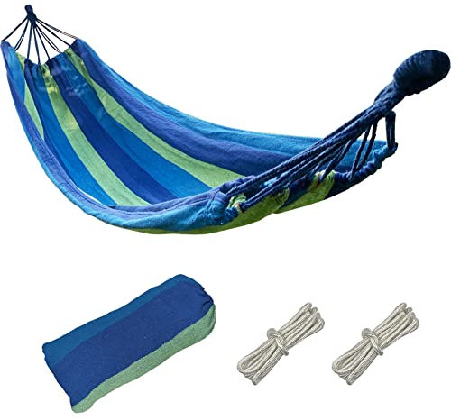 Firschoie Hängematte, Leinwand 280 x 100 cm Gesamtlänge 280cm Hammock Tragfähigkeit 300kg, Gestreifte Reisehängematte Bequeme Outdoor-Hängematten, Hangemate für Outdoor, Camping, Balkon, Strand(Blau)