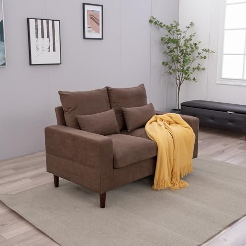 Panana 2 Seater Sofa Compact Loveseat Couch Living Room Furniture With Wood Legs, 2 Free Small Cushions, Brown