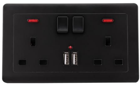 Dhouse Double Switched 13 A Electrical Double Socket with Two USB Charging Ports Square Edge Double Plug Wall Socket with LED for Home Office Hotel (Black)