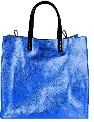 FrasiBags Einkaufstasche für Damen aus echtem Leder, Einkaufstasche aus echtem Metallic-Leder, hergestellt in Italien, königsblau, 35x37x17