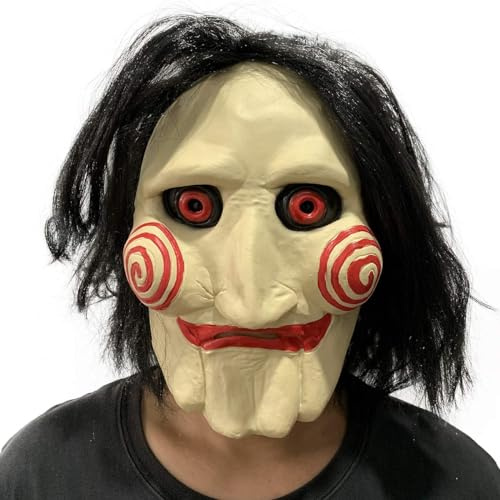 Carnavalife Saw Latex-Maske für Erwachsene, mit Perücke, Saw Halloween, Handschuhe und rote Schleife, Zubehör für Dsifraz Saw Film (Modell Mascara)