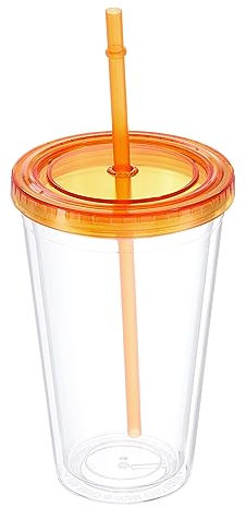 QUARKZMAN Vaso Acrílico con Tapa y Pajita, 16 Oz Reutilizable Doble Pared Tazas para Hielo Café, Transparente Viaje Vasos para Cumpleaños Regalos, Personalización (Naranja)