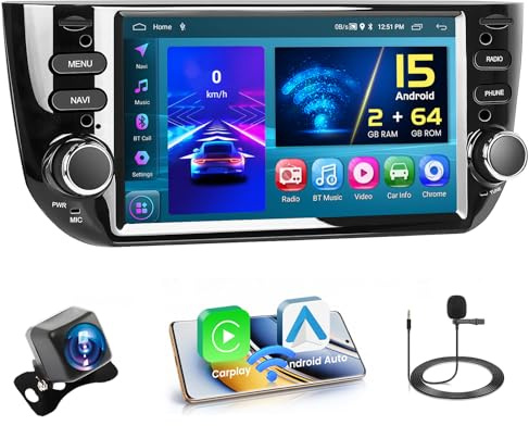 Hikity 2G+64G Android 15 Autoradio für FIAT Punto （2010-2016） Linea(2012-2015) Radio Wireless CarPlay Android Auto, 6,2 Zoll Autoradio mit Bildschrim Display Bluetooth GPS WiFi FM RDS Rückfahrkamera