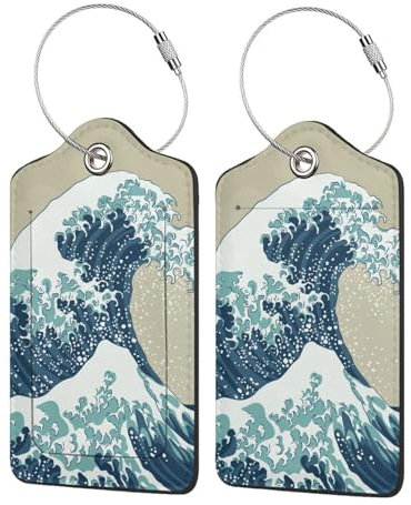 Lot de 2 étiquettes de bagage pour valises, motif vague de mer japonaise en cuir avec étiquette d'identification et boucle en acier inoxydable pour homme et femme
