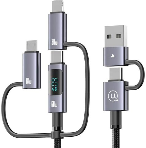enablink Multi 6 en 1 câble de charge USB C, 60W câble USB multi charge rapide con écran LED USB A/C vers iP/Micro/Type C 1,2 M nylon universel câble de charge pour Galaxy portable tablette