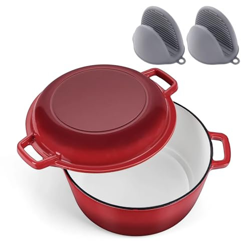 DYHQQ Enamel Dutch Oven 5 Quart Enameled Cast Iron Dutch Oven with Skillet Lid, 2 in 1 Enameled Cast Iron Dutch Oven, Dual Handles Use To Marinate, Cook, Bake, Refrigerate