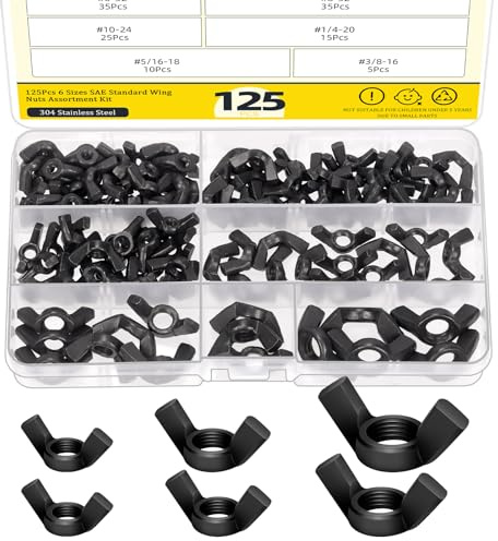 Mardatt Wing Nuts Assortment Kit, Assorted Sizes Carbon Steel Butterfly Wing Nuts Wing Fasteners Butterfly Nut (SAE)-3/8”-16, 5/16”-18, 1/4”-20, #10-24, #8-32, #6-32