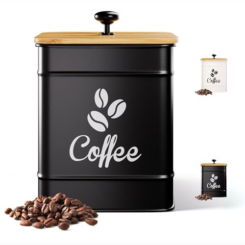 Airtight Coffee Canister - 40 oz Large Iron Black Coffee Container Airtight - 6 x 8 inch Metal Jar - Stylish Countertop Container for Coffee Grounds, Beans, Pods & More with Rubber-Lined Bamboo Lid